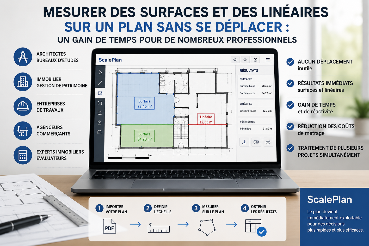 Mesure de surface et de linéaire sur un plan PDF avec ScalePlan sans déplacement pour architectes, experts immobiliers et entreprises du bâtiment.